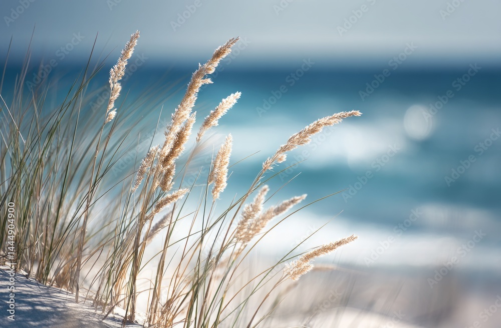 Fototapeta premium Serene beach landscape with swaying dune grass against a blue ocean backdrop