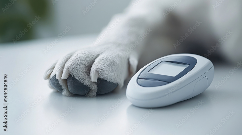 Dog's paw placed next to a sleek digital glucometer on a clean white medical table for diabetes awareness