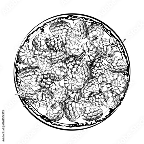 Raspberry served on ceramic dish, ripe picked garden berry dewberry cloudberry mulberry tayberry boysenberry harvest. Isolated illustration hand drawn in vector ink. Farmers market grocery preserves