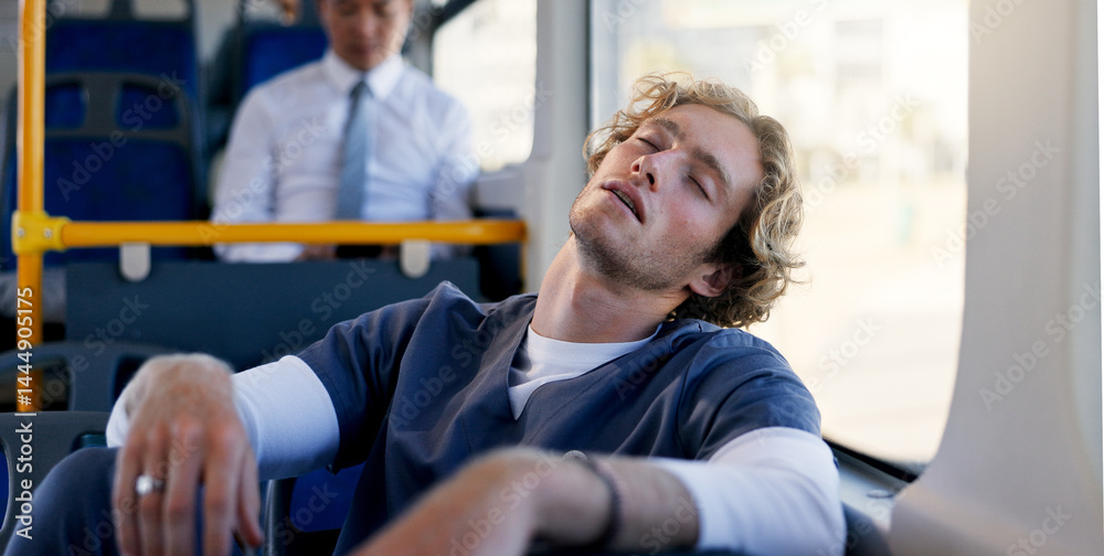Nurse, public transportation and sleeping with man on bus for commute or travel to healthcare job. Burnout, fatigue and scrubs with tired medical professional in hospital vehicle for journey to work Nurse, public transportation and sleeping with man on bus for commute or travel to healthcare job. Burnout, fatigue and scrubs with tired medical professional in hospital vehicle for journey to work