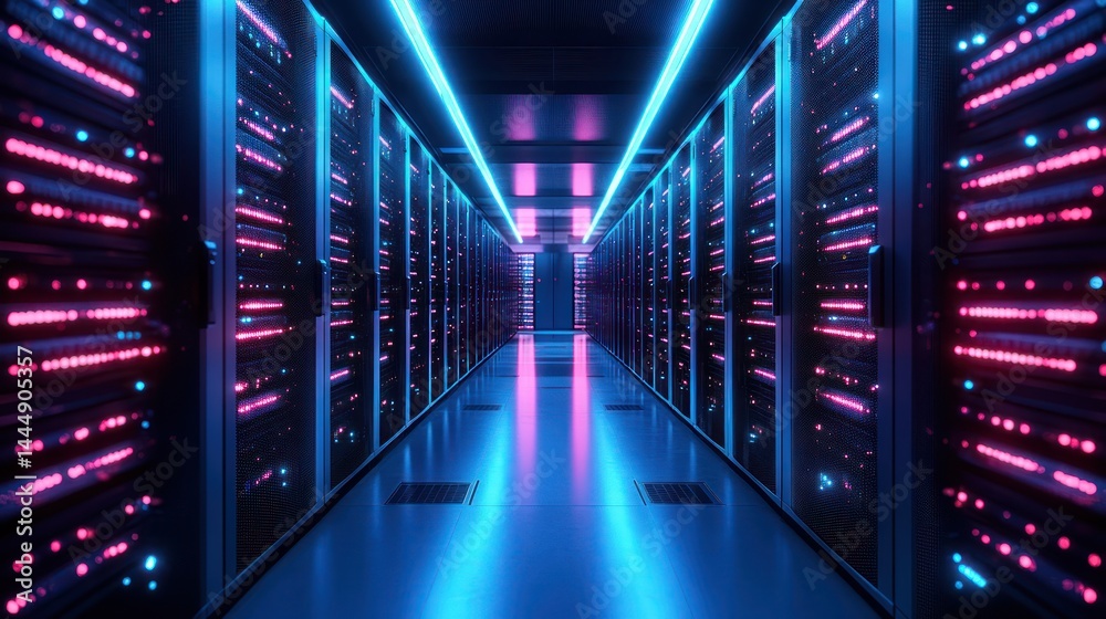Futuristic server room with digital neon lights reflecting on glossy floor