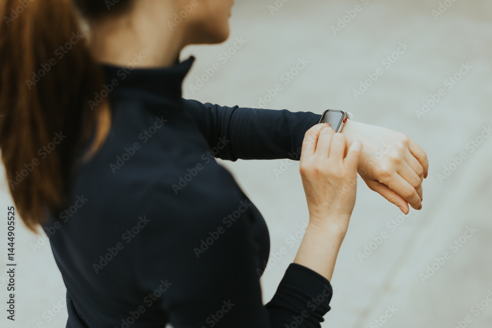 Woman checking her smartwatch during outdoor exercise in a modern urban environment at sunset