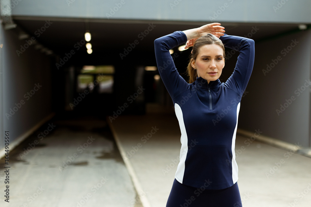 Stretching in a modern urban space, a woman prepares for her workout during early morning hours