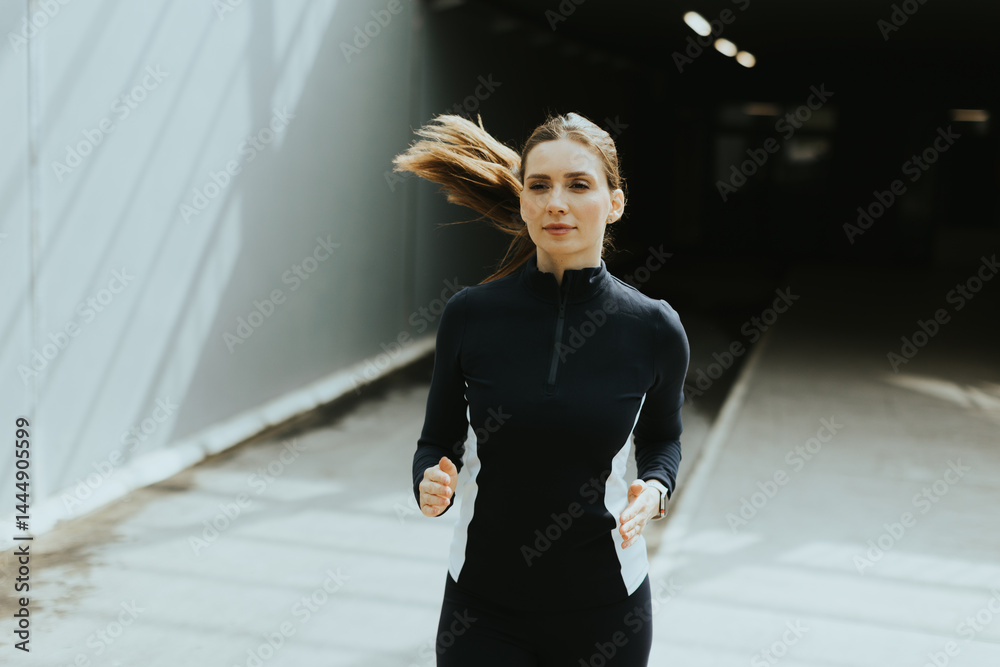 Woman running confidently in a modern urban setting during daylight hours with shadows creating captivating patterns