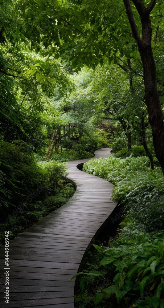 Fototapeta premium Serene winding wooden path through lush green forest provides tranquility