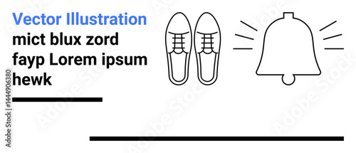 Pair of formal lace-up shoes next to a ringing bell icon with text elements. Ideal for notifications, announcements, fashion, footwear, alerts, office wear, simple landing page