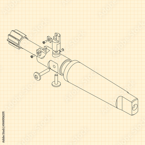 Mechanical engineering drawings. Tap tools, borer. Technical Design. Cover. Blueprint. Step Cutting Tool with Countersinking Function. Technical 3D Vector Illustration