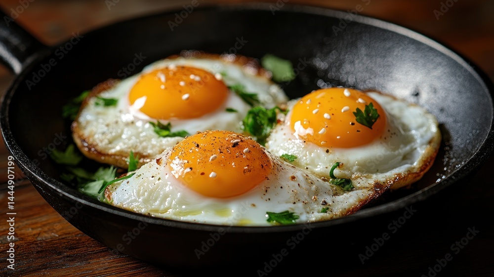 Three fried eggs in a cast iron pan Three fried eggs in a cast iron pan
