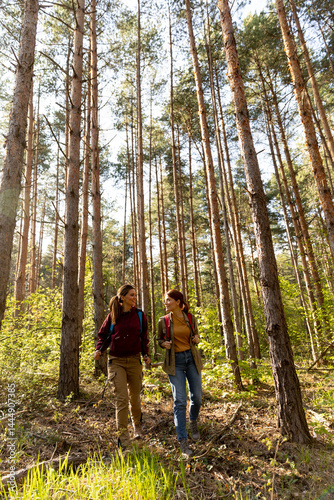 Obraz na płótnie Two friends enjoying a nature walk through a tranquil forest on a sunny day while exploring the great outdoors w salonie