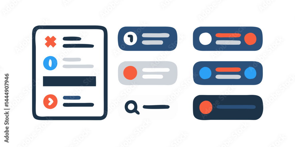 Modern UI UX design kit with interactive elements like toggles, progress bars, notifications, and futuristic icons. Digital interface collection for high-tech apps and websites.

