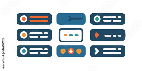 Modern UI UX design kit with interactive elements like toggles, progress bars, notifications, and futuristic icons. Digital interface collection for high-tech apps and websites.

