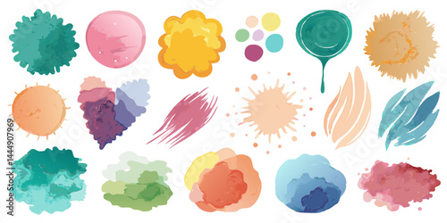 Watercolor texture set with soft blended brush strokes, stains, and splashes. Hand-painted artistic collection for digital artwork, background design, and creative print projects.

