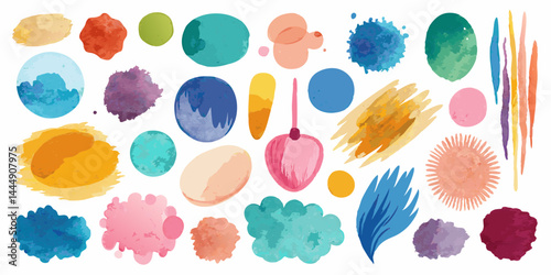 Watercolor texture set with soft blended brush strokes, stains, and splashes. Hand-painted artistic collection for digital artwork, background design, and creative print projects.

