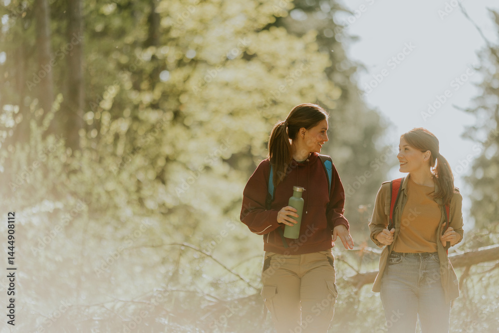 Two friends enjoy a cheerful hike through a sunlit forest during a vibrant spring afternoon
