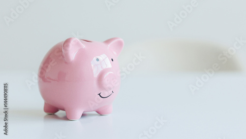 Charming pink piggy bank sits on a clean white surface, ideal for saving coins and teaching children about savings