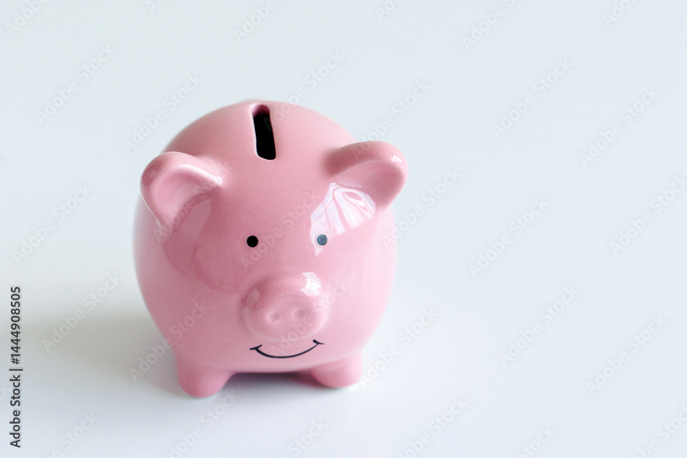 Ceramic pink piggy bank sits on a white surface, symbolizing saving and financial planning for individuals