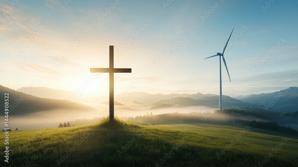 Obraz premium Cross on Hill with Wind Turbine and Sunrise Over Misty Landscape