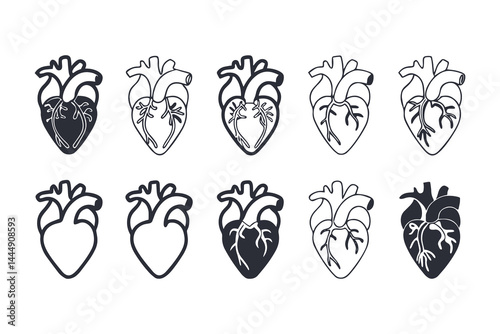 Anatomical Heart Vector Silhouette Icon Set. Human Heart, Cardiovascular System, Heartbeat, Medical Anatomy, Health, Biology, Organ, and Cardiology Illustrations