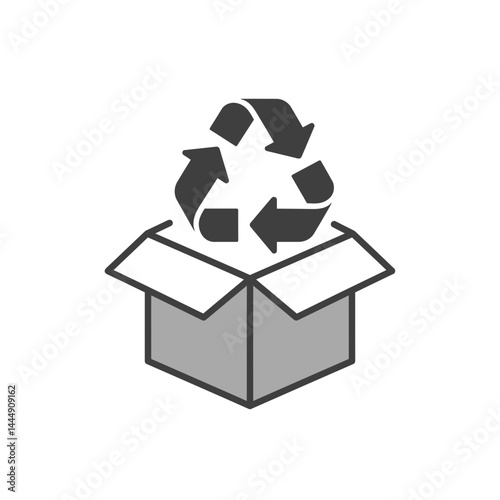 Recyclable Box Icon: A simple and clean vector illustration of an open cardboard box with a recycle symbol floating above, representing the concept of eco-friendly packaging and recycling.