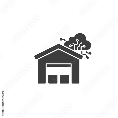Smart Warehouse Icon: A simple yet powerful icon depicting a warehouse building seamlessly integrated with cloud technology, symbolizing efficient and innovative logistics management. 