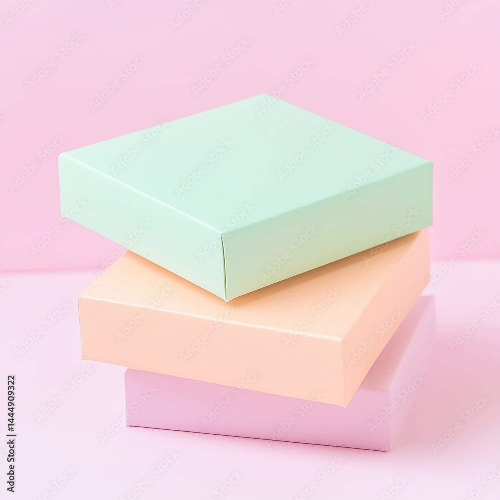 Pastel-Colored Square Boxes Stacked on Pink Background Pastel-Colored Square Boxes Stacked on Pink Background