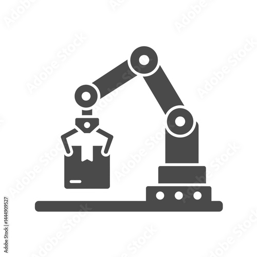Automated Production Line: A robotic arm with a gripper moves a cardboard box across the production line. The industrial automation icon for manufacturing, logistics and warehousing.