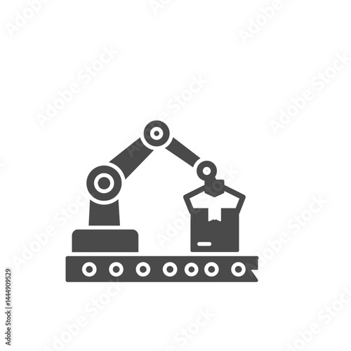 Robotic Arm Manufacturing: A modern robotic arm meticulously handles a box on an automated assembly line, symbolizing precision and technological advancement in the manufacturing sector.