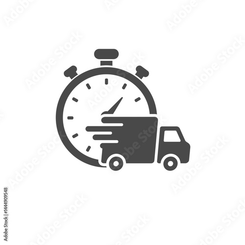 Timely Delivery: A minimalist graphic of a stopwatch and a speeding truck suggests efficient logistics, timely shipments, and fast service. 