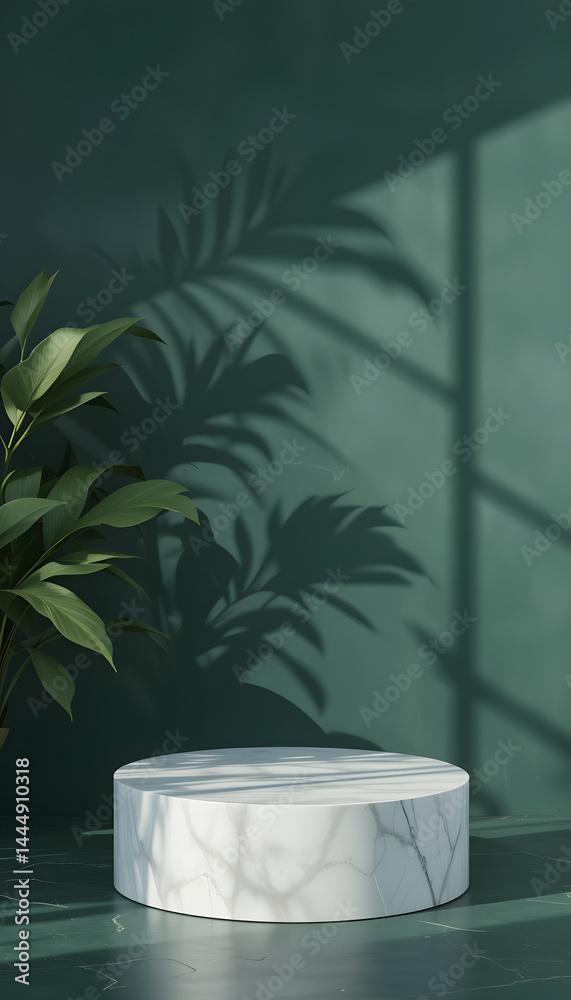 Fototapeta premium Elegant white marble cylinder podium on a dark green marble surface with tropical leaf shadows and a lush indoor plant