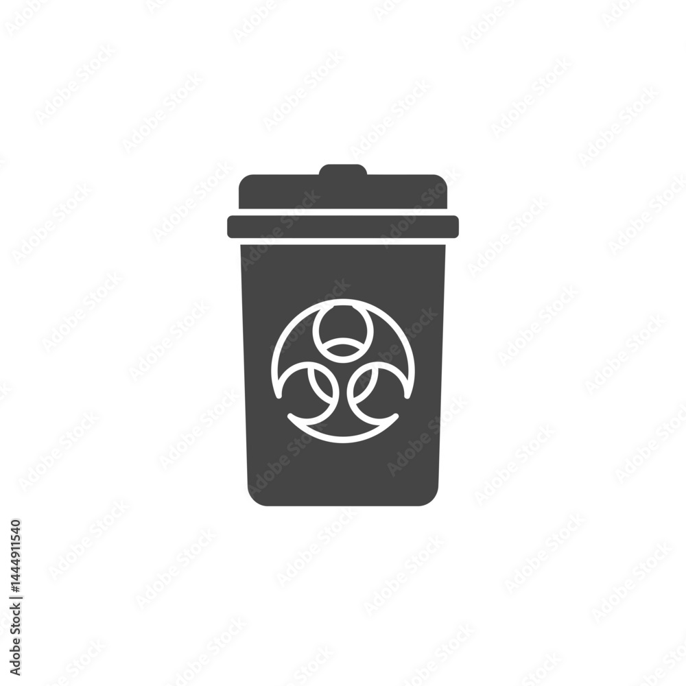 Biohazard Waste: A vector icon of a dark gray trash bin prominently displaying the internationally recognized biohazard symbol, signifying the presence of dangerous biological substances. Biohazard Waste: A vector icon of a dark gray trash bin prominently displaying the internationally recognized biohazard symbol, signifying the presence of dangerous biological substances.