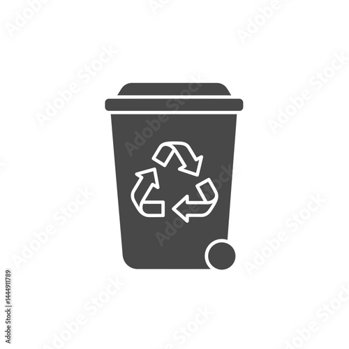 Recycling Bin: A minimalist, dark gray recycling bin. The image presents a symbol of environmental protection and conscious waste disposal, embodying the principles of reduce, reuse, recycle.
