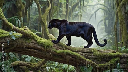 Black tiger vector silhouette depicts a black tiger and tiger walking on a fallen tree in the middle of the forest, isolated wild mammal