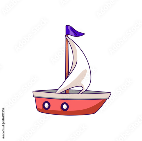 Icon of cute toy ship. Kid's sail boat with flag. Children's vessel for floating. Funny little sailboat to play games, have fun on playground. Flat isolated vector illustration on white background