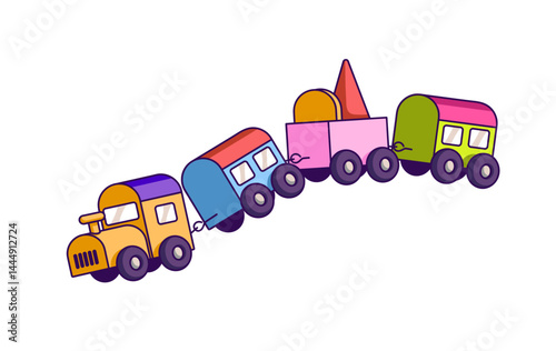 Colourful toy train with passenger and cargo carriages. Wooden kids locomotive with wagons icon. Childish railroad to have fun and play games. Flat isolated vector illustration on white background