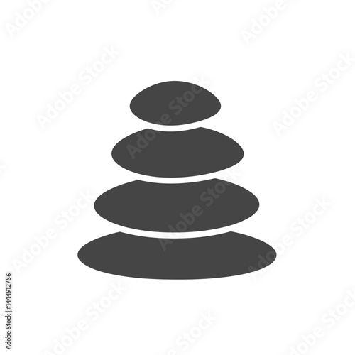 Stack of Stones Icon: Simple icon design of four grey stones stacked on top of each other, suggesting balance, stability, and serenity. 