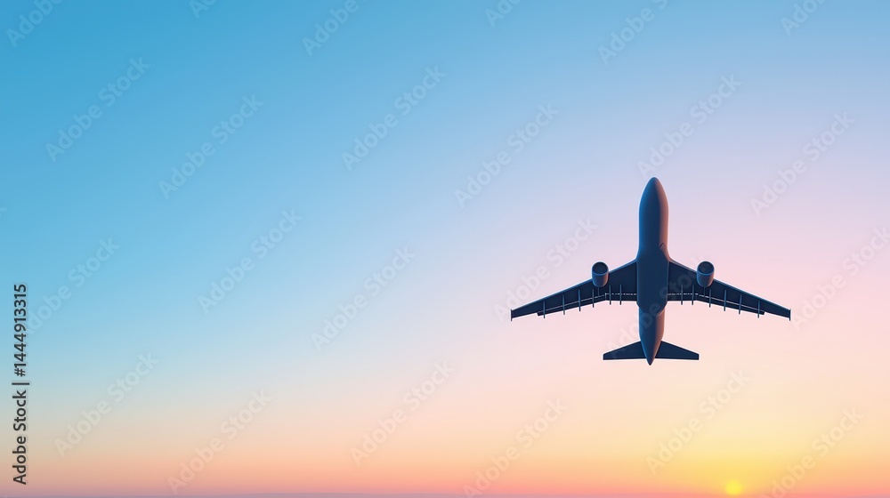 Obraz premium Airplane Flying Above the Horizon During Sunset with Colorful Sky