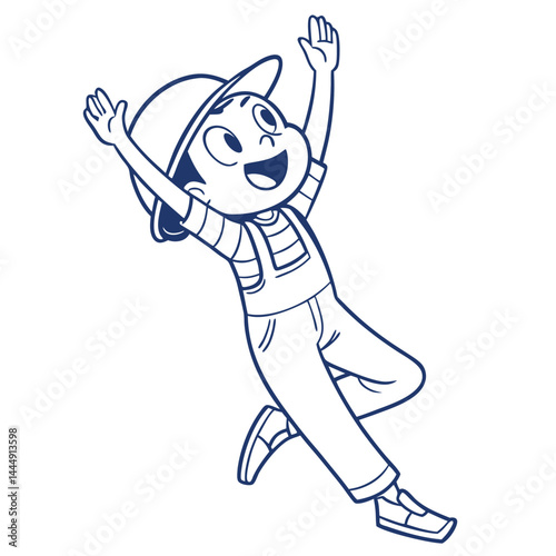 Joyful Youngster Line Art Excited Boy with Arms Raised, Cap, Striped Shirt, Overalls