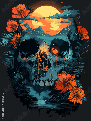 Skulls and flowers in the night. Vector illustration for your design