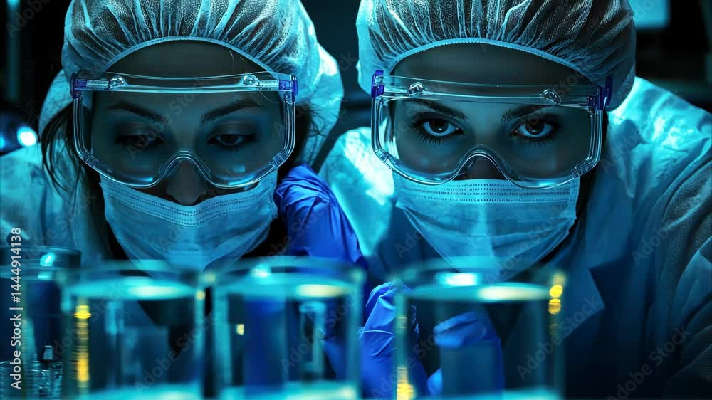 Female scientist and colleague analyze samples in laboratory setting during night research session, female scientist and her colleague are conducting research in the laboratory Female scientist and colleague analyze samples in laboratory setting during night research session, female scientist and her colleague are conducting research in the laboratory