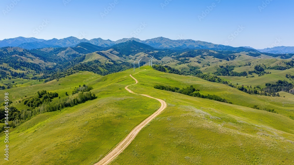 Scenic Mountain Landscape with Wind Turbines and Gentle Hillsides Scenic Mountain Landscape with Wind Turbines and Gentle Hillsides