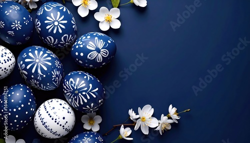 Elegant Blue Easter Eggs with Delicate White Blossoms