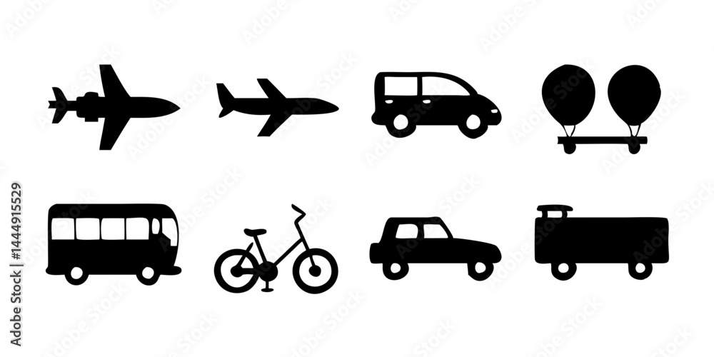 Colección de iconos de transporte, incluidos automóviles, autobuses, bicicletas, motocicletas, aviones, trenes, barcos, camiones, taxis, scooters, helicópteros, metros, etc.