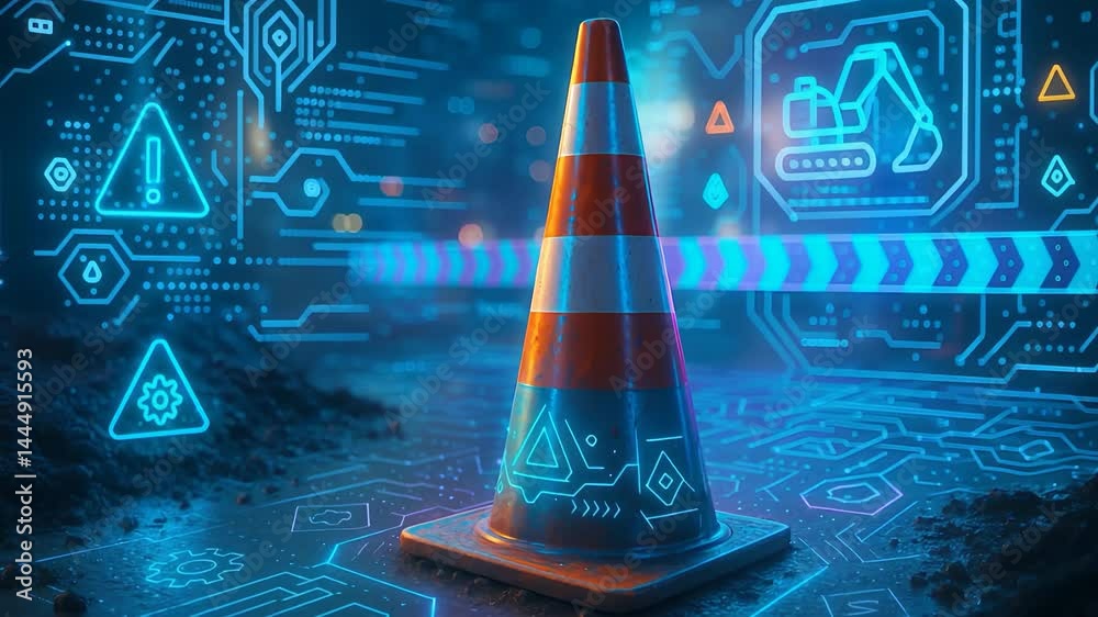 Digital Safety Cone with Holographic Construction Icons Representing Smart Infrastructure Warning and Futuristic Site Control

