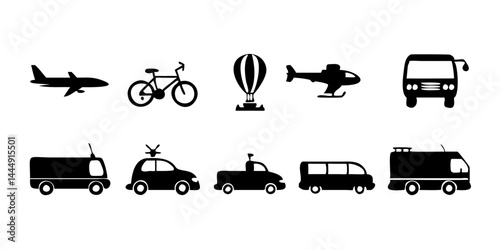 Colección de iconos de transporte, incluidos automóviles, autobuses, bicicletas, motocicletas, aviones, trenes, barcos, camiones, taxis, scooters, helicópteros, metros, etc.