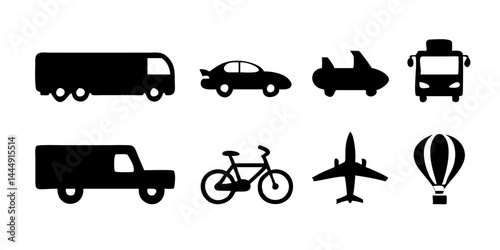 Colección de iconos de transporte, incluidos automóviles, autobuses, bicicletas, motocicletas, aviones, trenes, barcos, camiones, taxis, scooters, helicópteros, metros, etc.