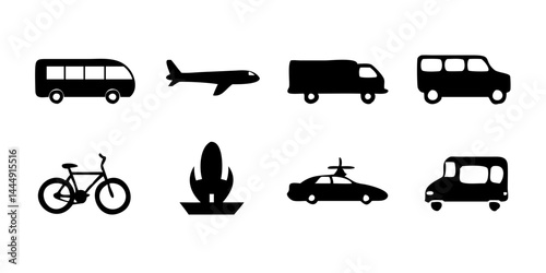 Colección de iconos de transporte, incluidos automóviles, autobuses, bicicletas, motocicletas, aviones, trenes, barcos, camiones, taxis, scooters, helicópteros, metros, etc.