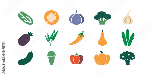 Colección de íconos vegetales detallados como zanahoria, brócoli, tomate, pepino, pimiento morrón, cebolla, ajo, papa, espinaca y lechuga para ilustraciones culinarias y de jardinería.