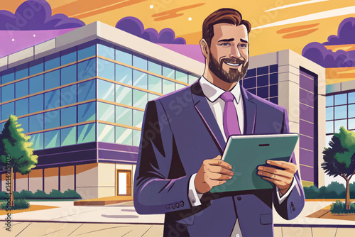 Amazing Portrait of a successful business man using digital tablet in front of modern business building, real state