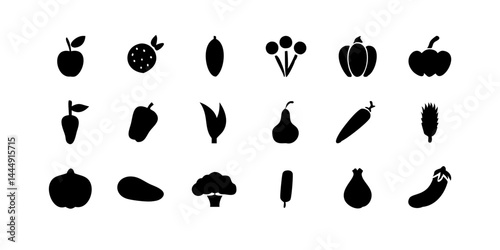Colección de íconos vegetales detallados como zanahoria, brócoli, tomate, pepino, pimiento morrón, cebolla, ajo, papa, espinaca y lechuga para ilustraciones culinarias y de jardinería.