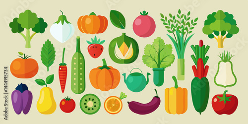 Colección de íconos vegetales detallados como zanahoria, brócoli, tomate, pepino, pimiento morrón, cebolla, ajo, papa, espinaca y lechuga para ilustraciones culinarias y de jardinería.